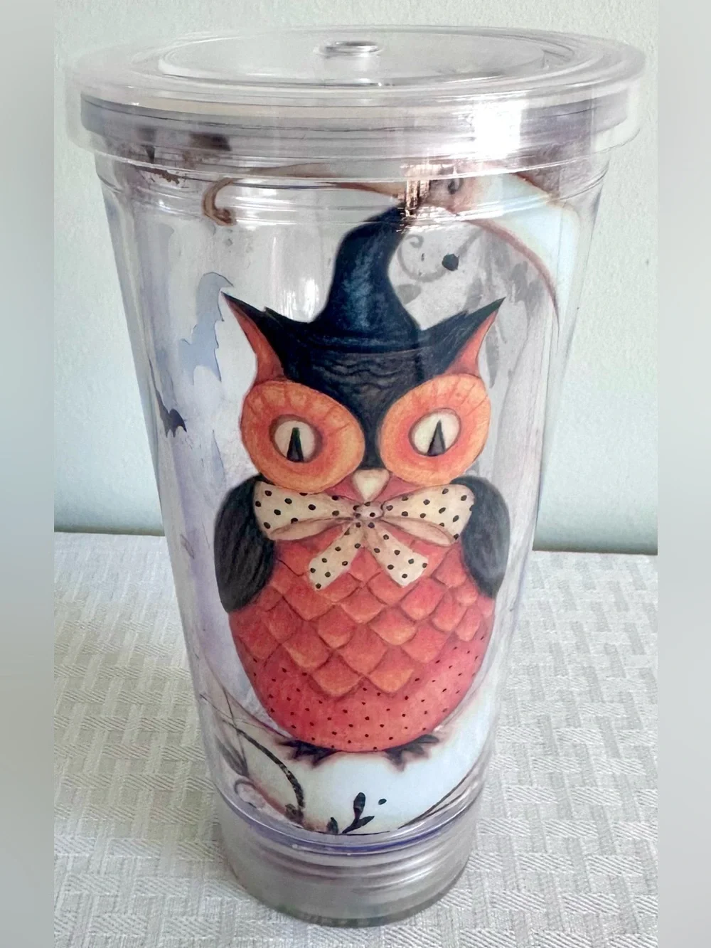 Boston Warehouse Fall Halloween Owl Tumbler Cup Clear Lid Moon Bats 7.25”